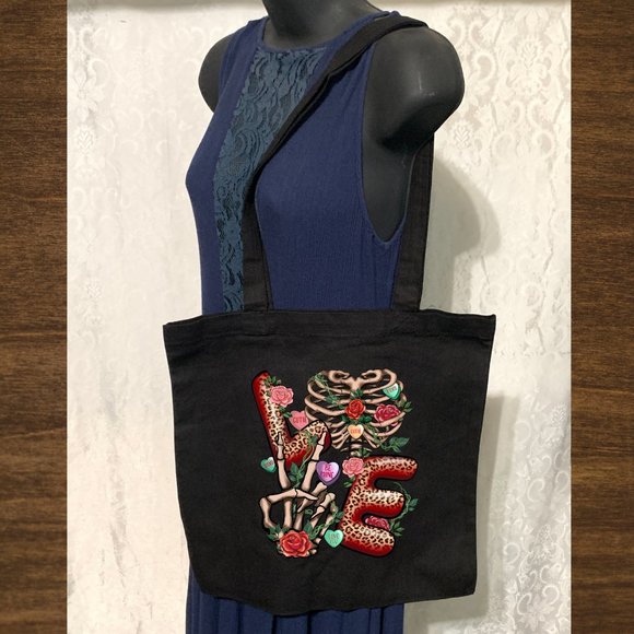 LOVE Skeleton Double Strap Cotton Canvas Shoulder Tote Bag - Picture 2 of 2